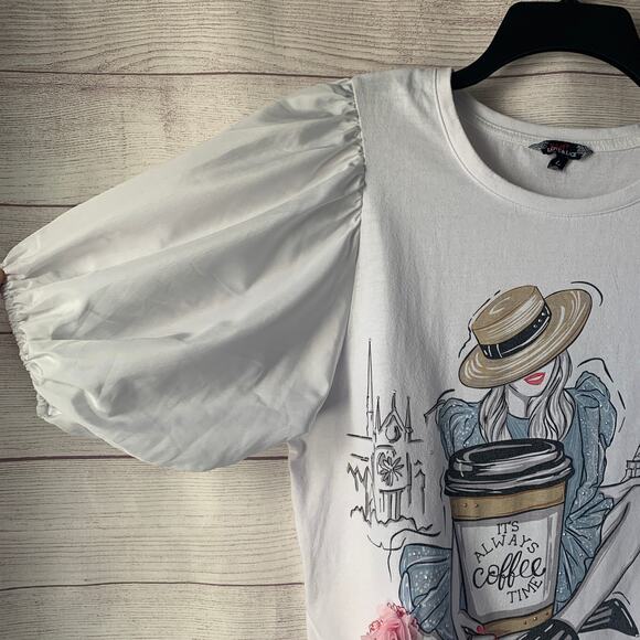 More Love & Lace White Blouse with Paris Graphic Flowers Puff Sleeves Size Large - Picture 3 of 15